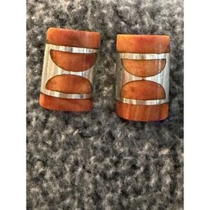 Signed Sterling Silver 950 and Spiny Oyster Rectangle Dangle Post Earrings #361